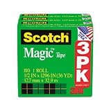 Scotch Magic Tape, 1/2 in x 1296 Inches, Boxed, 3 Rolls (810H3)