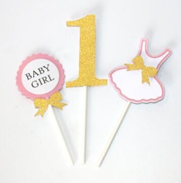 3 pcs Glitter Gold Pink Cake Toppers for Gilr First Birthday Baby Shower