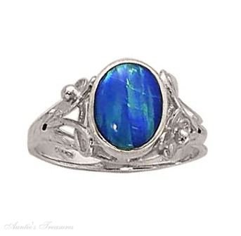 Sterling Silver Imitation Blue Opal Ring Flower Scrolled Split Shank