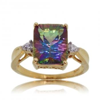 Ladies 14KT Yellow Gold Ring Mystic Fire Topaz Diamond