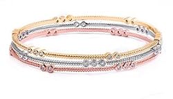 Triple Strand Bangle Bracelet - Gold, Silver and Pink Strands with Clear CZ - Sterling Silver