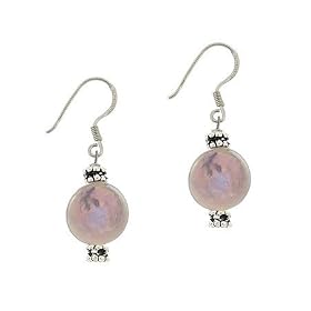 Sterling Silver .925 Iridescent Gray Round Genuine Freshwater Cultured Coin Pearl Bali Bead Dangle Hook Earrings