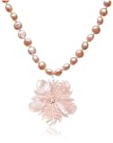 Sterling Silver Pink Freshwater Cultured Pearl Necklace w/ Pink Shell Flower Pendant, 16-18