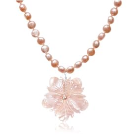Sterling Silver Pink Freshwater Cultured Pearl Necklace w Pink Shell Flower... by Amazon.com Collection