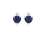 Sterling Silver 7mm Heart Dyed Sapphire and Diamond-Accent Earrings