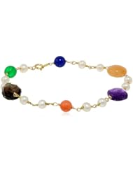 Multi-Gemstones Gold over Silver Linked White Freshwater Cultured Pearls Bracelet, 7.5"