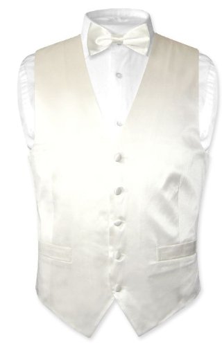 Cheap Biagio Men's OFF-WHITE / IVORY SILK Dress Vest Bow Tie Set for Suit or Tuxedo