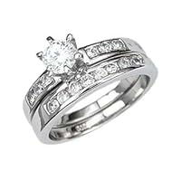 Sterling Silver Wedding Ring set with Round Cubic Zirconia in Six prong setting and Round Sidestones in Channel Setting