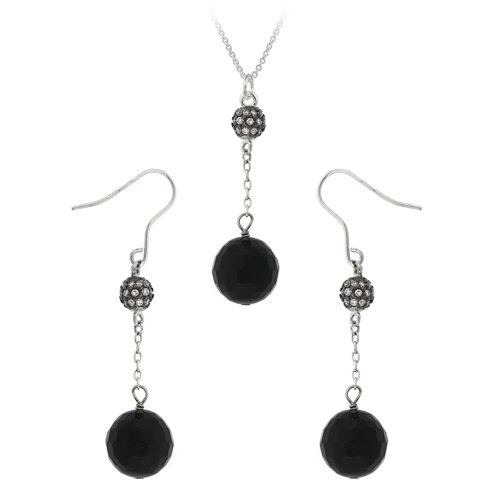 Sterling Silver Pave Cubic Zirconia and Onyx Drop Earring and Pendant - 18
