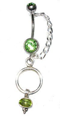 Genuine Peridot Belly Button Ring with Steel curved barbell and Sterling Silver design