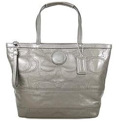 Coach Patent Leather Stitched Signature Stripe Tote Handbag 15142 Light Grey