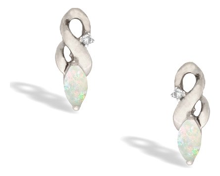 14K White Gold Genuine Marquise Opal and Diamond Earrings
