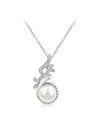 Alexander James White Gold Rhodium Bonded Floral Art Deco Pendant with Shell Pearl and Clear Cubic Zirconia Accents in Silvertone Chain Not Included