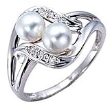 14k Gold Double Akoya Cultured Pearl and Diamond Ring