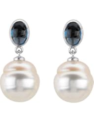 07.00X05.00 MM/11.00 MM F 14K White Gold South Sea Cultured Pearl Genuine London Blue Topaz Earrings