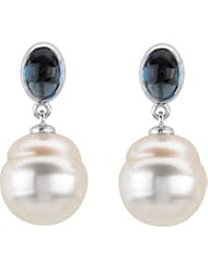 07.00X05.00 MM/11.00 MM F 14K Yellow Gold South Sea Cultured Pearl Genuine London Blue Topaz Earrings
