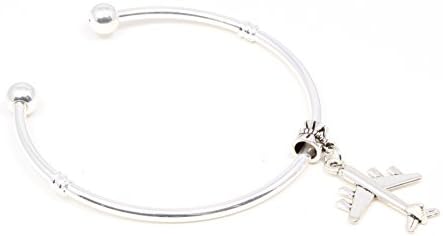 Airplane Dangle Charm on Silver Plated Cuff Bracelet with Stoppers Buy 1 Give 1