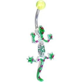 Green Hand Painted LIZARD Belly Ring by 