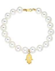 White Pearls bracelet with 14k Yellow gold diamond dangling HAMSA good luck charm