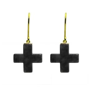 Gold Plated Sterling Silver Charcoal Jade Cross Hook Earrings by