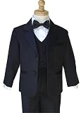 Boys 2 Button Notch Tuxedo With Black Vest 5-Piece Set With with Jacket, Pants, Vest, White Tuxedo Shirt and Bow Tie in Sizes 2 To 14