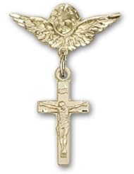 Gold Filled Baby Badge with Crucifix Charm and Angel w/Wings Badge Pin