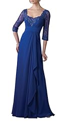 Plus Size A-line Scoop Neck 3/4 Sleeves Empire   Waistline Draped Beaded Lace  Pleated Gathered Chiffon Mother-of-the-Bride Dress/Prom Dress  With Ruffles