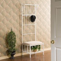 Metal Entryway Hall Tree Coat Hanger with Bench in White Finish