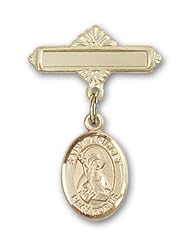 14K Gold Baby Badge with St. Bridget of Sweden Charm and Polished Badge Pin