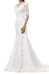 V-neck Natural   Waistline Satin Lace Floral Print Elbow Length Sleeves Mermaid Wedding Dress 