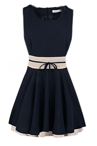 Finejo Women Splicing Decoration Waist Short Design One-Piece Dress