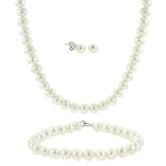 Sterling Silver 5.5-6mm Genuine Freshwater Cultured White Pearl Necklace Bracelet & Stud Earrings Set