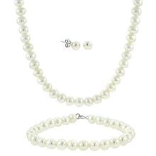 Sterling Silver 5.5-6mm Genuine Freshwater Cultured White Pearl Necklace Bracelet & Stud Earrings Set