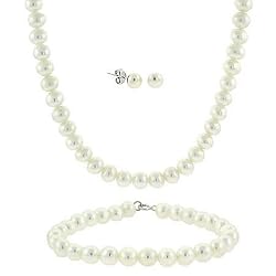 Sterling Silver 5.5-6mm Genuine Freshwater Cultured White Pearl Necklace Bracelet & Stud Earrings Set