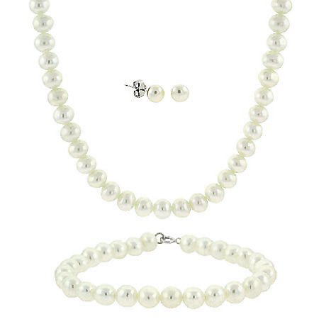 5.5-6mm .925 Sterling Silver Genuine Freshwater Cultured White Pearl Necklace Bracelet Stud Earring Set