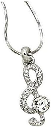 Silver Plated Rhinestone Crystal Music Note Treble Clef Charm Pendant Necklace and Earring Set 1.75"