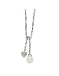 Sterling Silver 16in Dangling CZ Heart and White Pearl Necklace Metal Wt- 5.21g