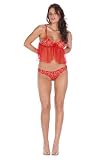 : 2 PC. Embroidered floral front babydoll with satin bow detail, ruffle trim, and matching thong.