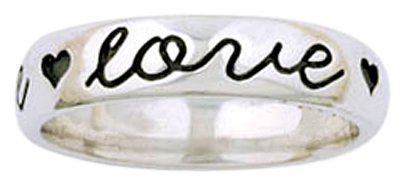 Sterling Silver True Love Waits Script and Heart Ring, Size 6