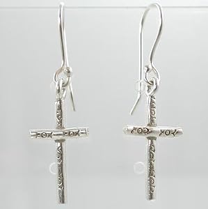 Dainty Cross Dangle Earrings with Stamp Detail in Sterling Silver , #9496