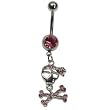 Stainless Steel Belly Ring with Pink Australian Crystals - Dangling skull and crossbones 14g/5mm ball