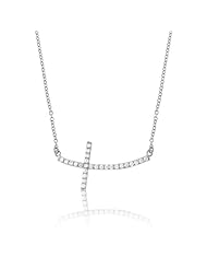 Sterling Silver 16" Curved Sideways CZ Cross Necklace