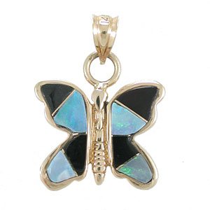 Southwestern Native American Handcrafted Butterfly Pendant in 14Kt Gold, Opal and Black Onyx by Calvin Begay, #7987