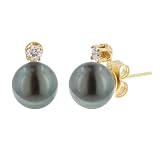 14k Yellow Gold Black Freshwater Cultured Pearl and Diamond Stud Earrings (7-7.5mm) (0.10 cttw, H-I Color, I1-I2 Clarity)