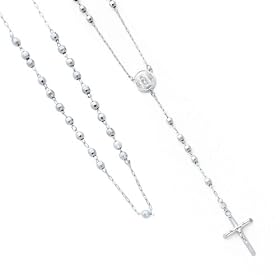 14K White Gold 4mm Beads Our Lady Guadalupe Rosary Necklace with Crucifix - 26" Inches
