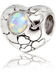 Best Gift for Holidays, Sterling Silver Pandora Style Heart Charm with White White Lab Opal , Fits Pandora and All Brands Charm Bracelets and Necklaces.