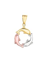 14K Tri-Color Gold Trinity Dolphin Circle Pendant on a 18 Inch Chain