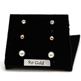 Image of Set Of Three 9ct Yellow Gold CZ, Ball, and Simulated Pearl Earrings (3mm min) in Presentation Box