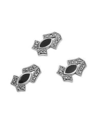 Sterling Silver Marquise Onyx Vintage Style Marcasite Earring Pendant Set
