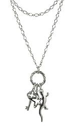 Necklace - N208 - Key, Star and Gecko Charm Cluster (22" Long) ~ Silver Tone